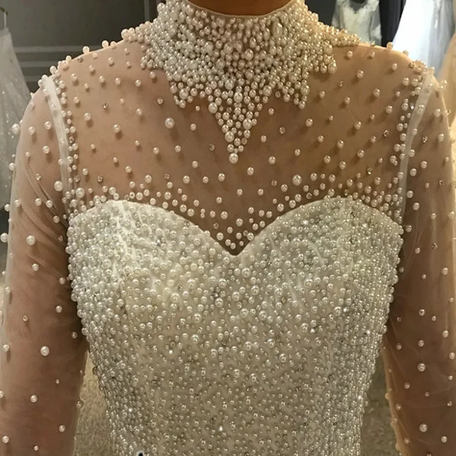 Angepasst Luxus Arabisch Dubai Hochzeit Kleid High Neck Volle Perlen Perlen Prinzessin Braut Braut Kleid Vestidos De Noiva