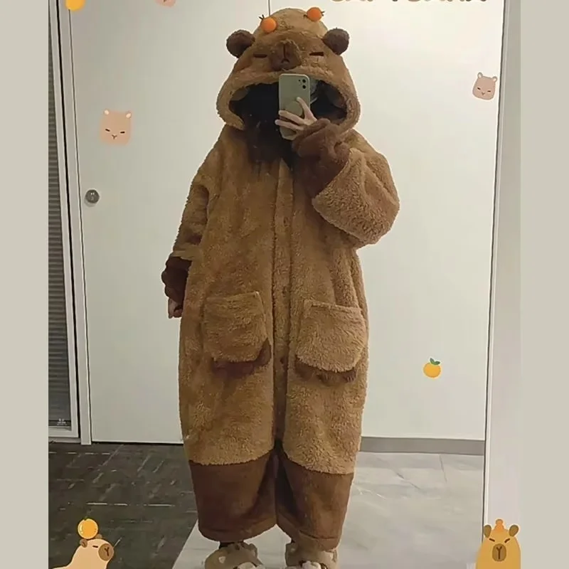 Cute Capybara Winter Pajama Cartoon Animal Soft Plush Jumpsuit For Adults Kawaii Velvet Pajama Night Robe Cosplay Suit Xmas Gift