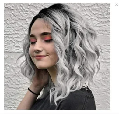 Synthetic Hair Heat Resistance Fiber Cosplay Short Black To Gray Wig Short Curly Grey Women Party Available+Wig Cap