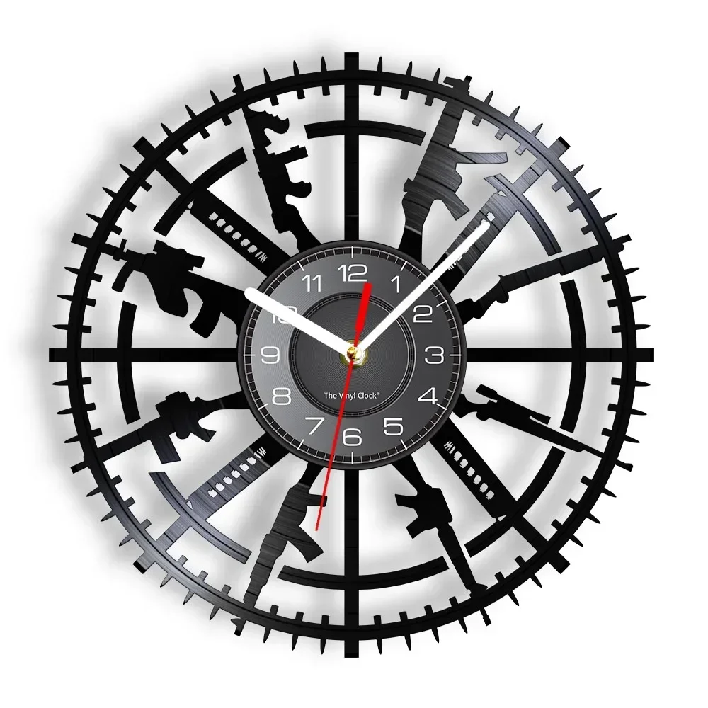 Firearms Inspired Vinyl Record Wall Clock Man Cave Room Decor Military Weapons Black Album Longplay Wall Clock Retro Timepieces