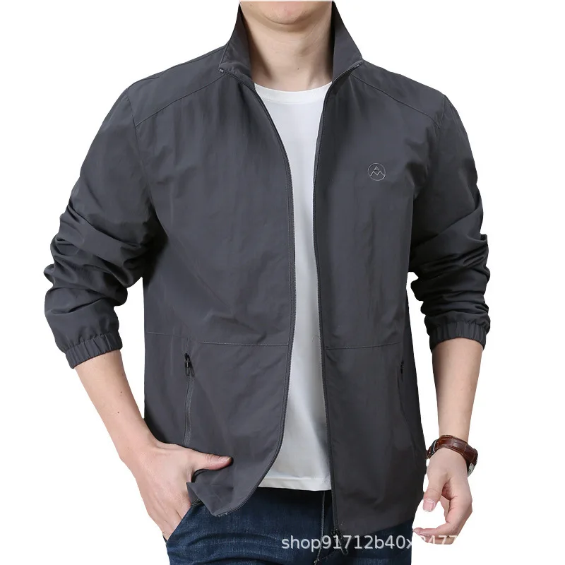 Men's Casual Spring Jacket Loose Fit Outdoor Windbreaker Thin Coat Stand Collar Zipper Pocket