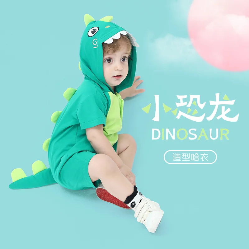 Kawaii Dinosaur Infant Baby Boy Girl Bodysuit Clothes Funny Cartoon Short Sleeve Summer Overall Hooded Onesie Newborn Jumpsuits