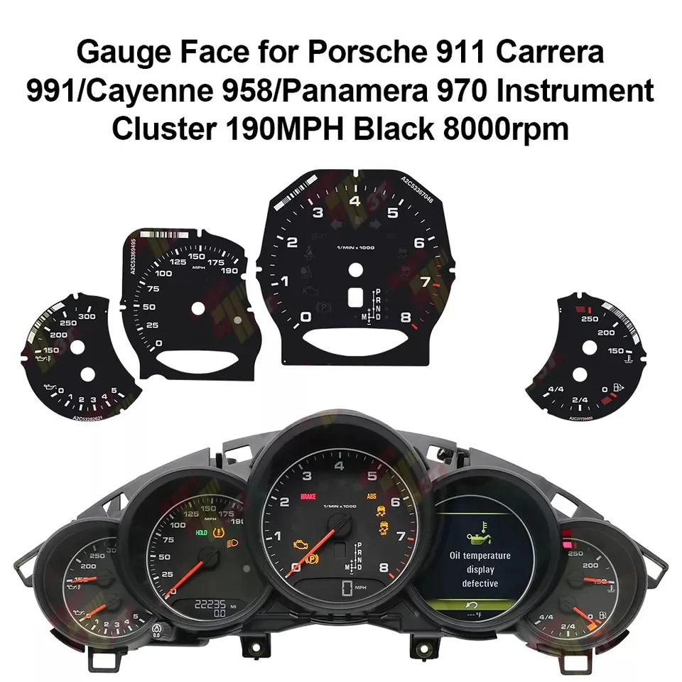 Instrument Cluster Gauge Face for Porsche 911 Carrera 991 Cayenne 958 Panamera 970 190MPH Black Dashboard