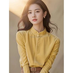 2026 autumn new stand collar long sleeved blouse chinese style fashionable warm velvet top simple elegant leisure tang suit top