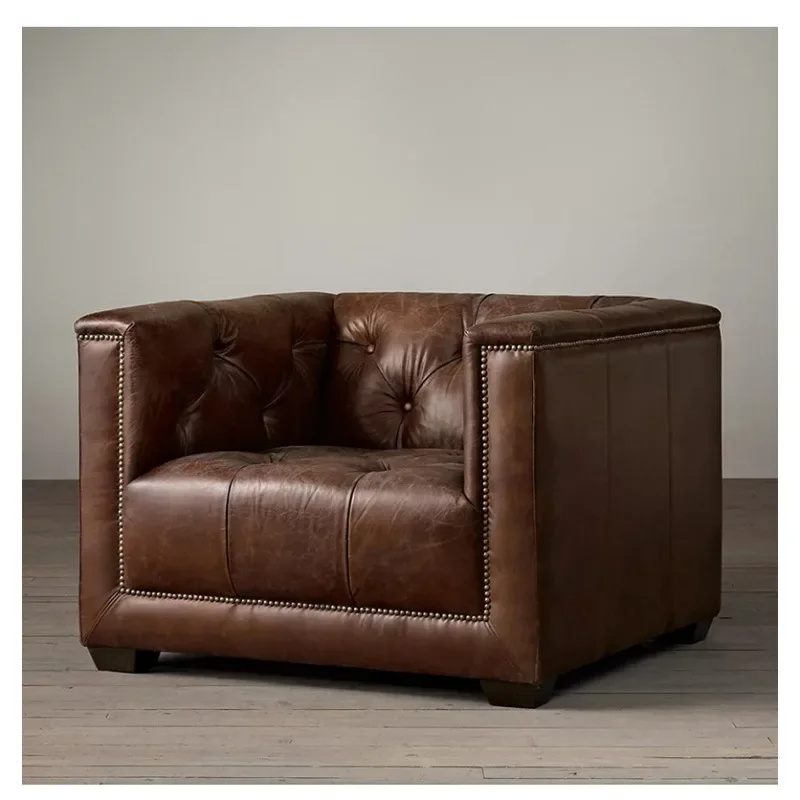 

American leather oil wax leather all cowhide sofa modern simple living room retro straight row three sofa