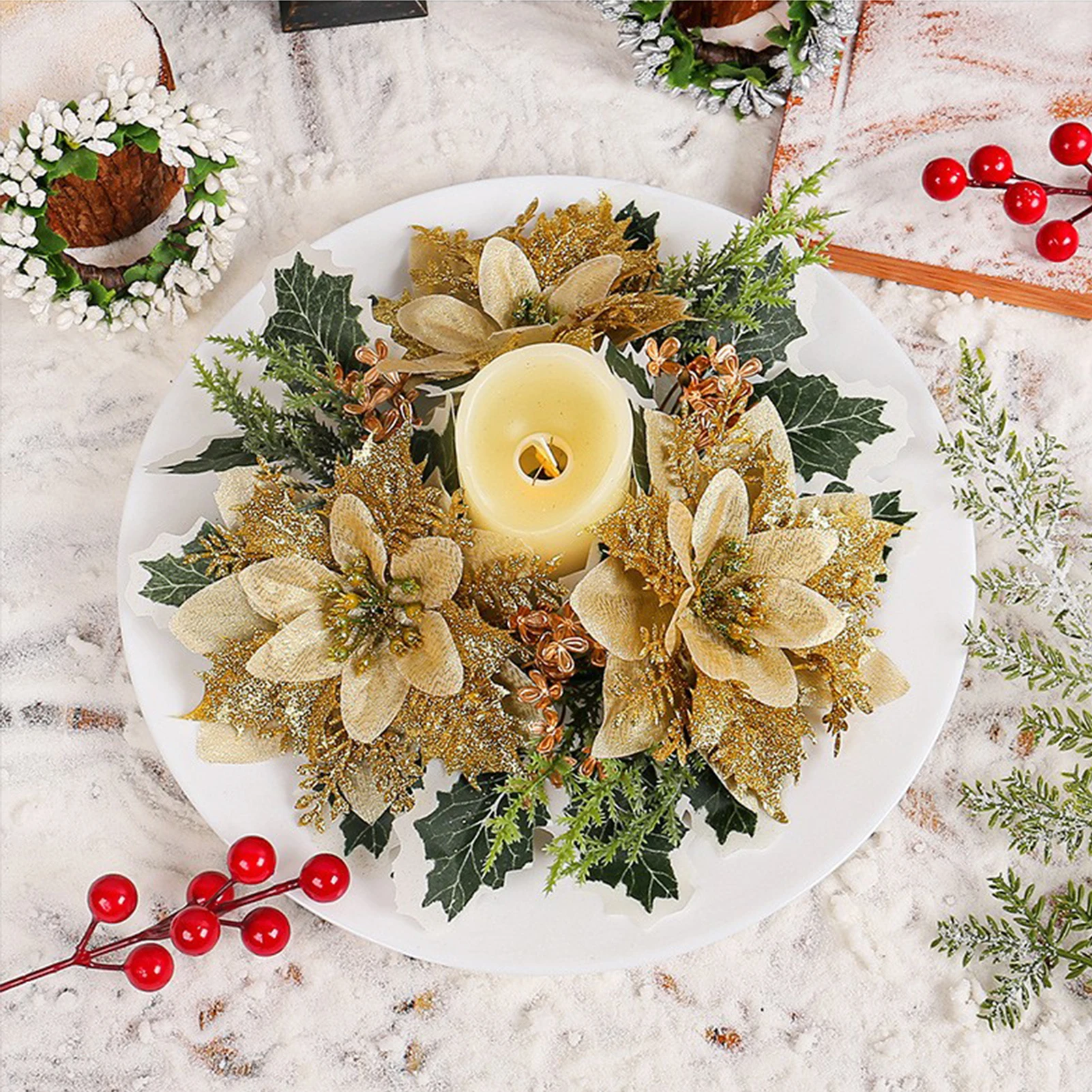 4pcs Christmas Flower Candle Holder Garland Christmas Table Atmosphere Decoration Props Decoration Candle Garland