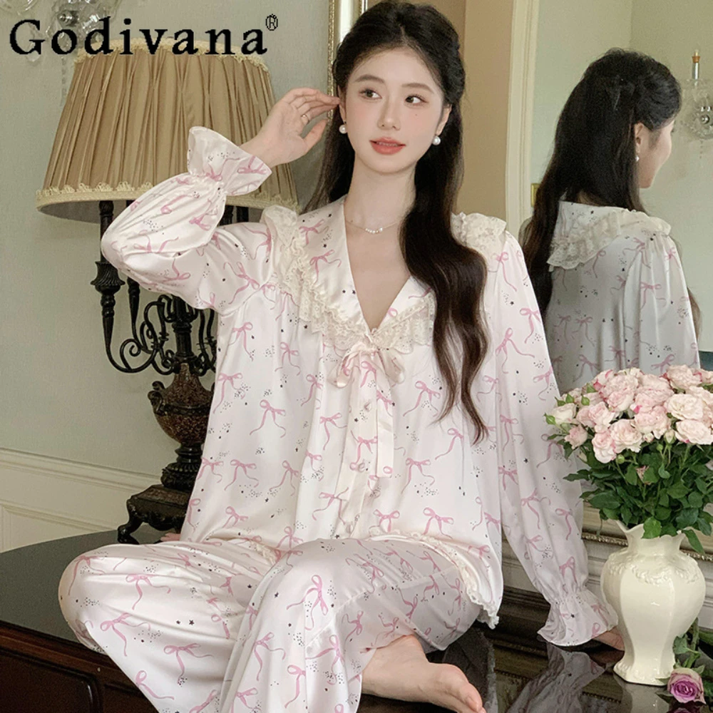 

French Pajamas Ladies Long Sleeves Pants Sweet Princess Girly Casual Sleepwear Set Nightdress Loungewear