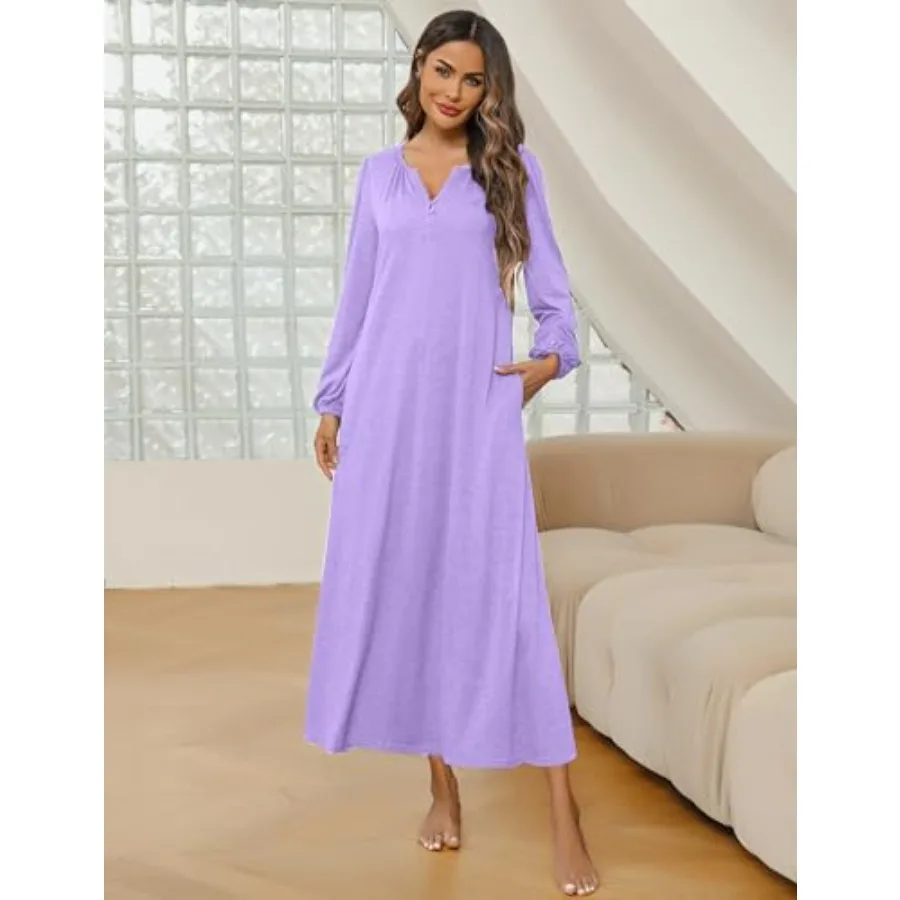 Marvmys Womens Cotton Long Sleeve Nightgown Long Sleepshirts Full Length Henley Sleep Dress with Pockets