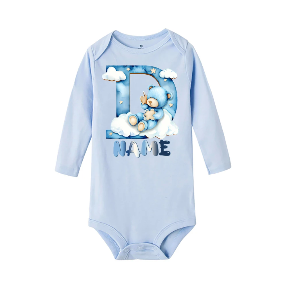 Personalized Cloud Bear&Alphabet Print Baby Bodysuit Custom Name Long Sleeve Infant Romper Casual Fashion Round Neck Clothes