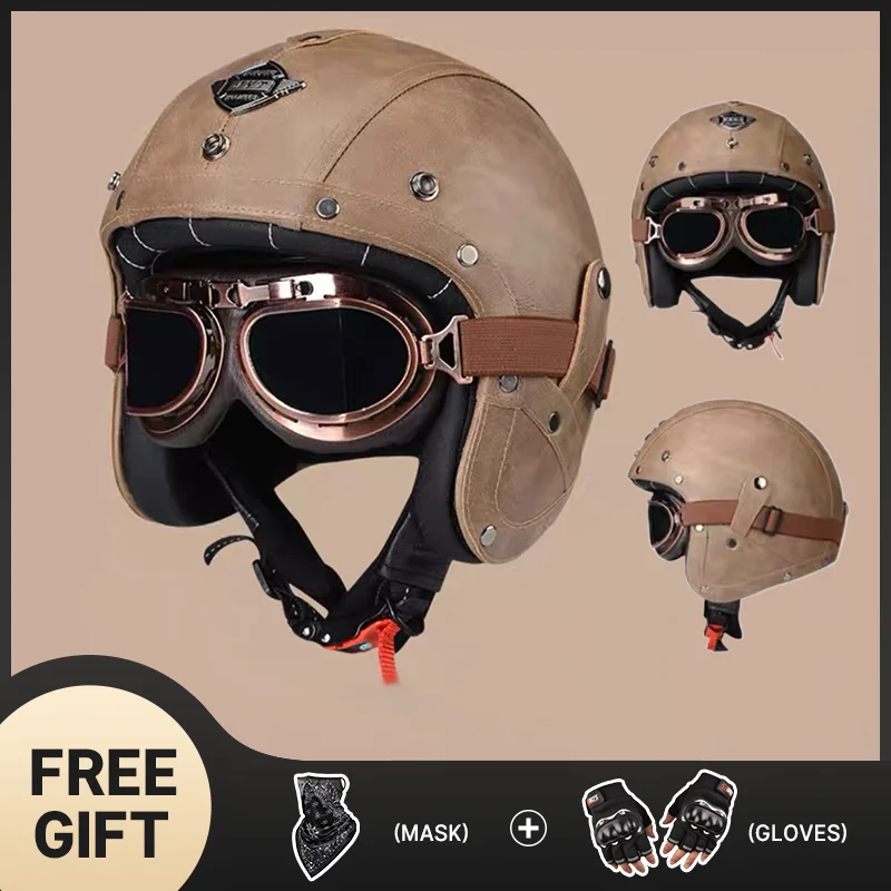 

Retro PU Leather German Vintage Open Face Motorcycle Helmet Cafe Racer Motocross Scooter Casco With Goggle Capacete Jet Helmets