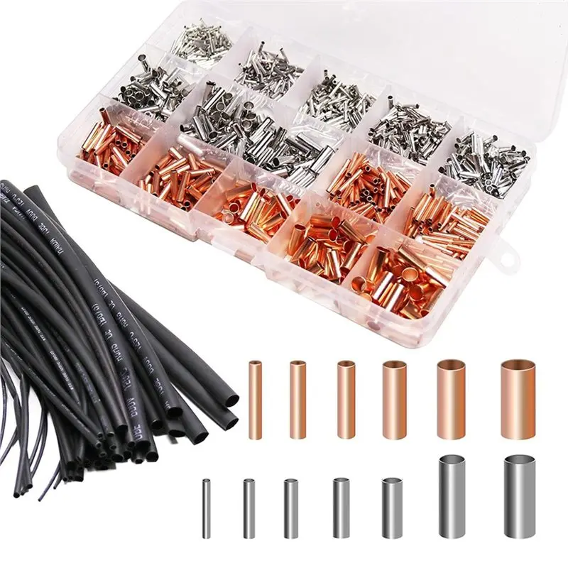 Copper Connecting Pipe 970 Pcs Wire Joint Bootlace Ferrule Terminal Cable Lug Kit Heat Shrink Tube Plier Tool-[Kiri-XK]