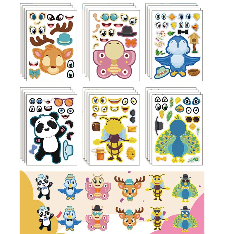 

6/12/24Sheets Kids DIY Make A Face Stickers Creative Make Your Own Panda Bird Bee Animal Sticker Puzzle Jigsaw Boys Girls Gifts