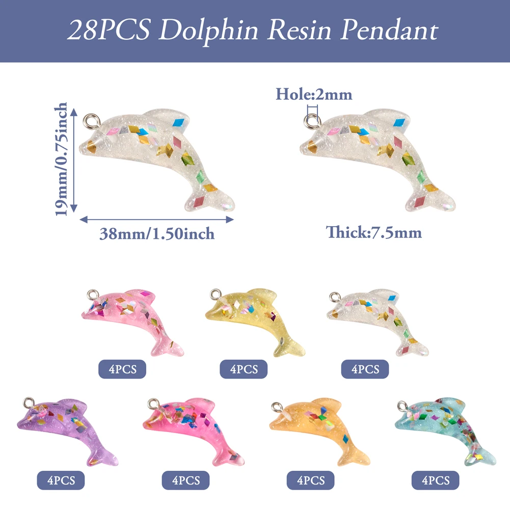 28pcs Dolphin Resin Pendants Transparent Sequins Charms with Loops for Earrings Necklace Keychain Jewelry DIY Making 19x38x7.5mm