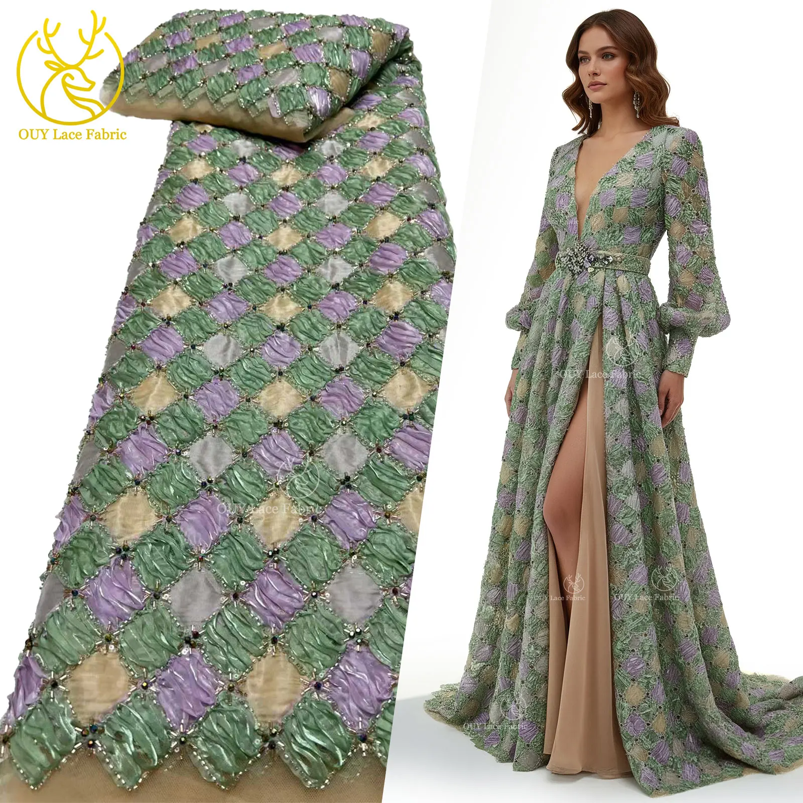 

2026 Premium African 3D Tulle Beaded Lace Fabric 5 Yards High-Quality Nigerian Sequined Lace Fabric Women's Evening Gown Sewing