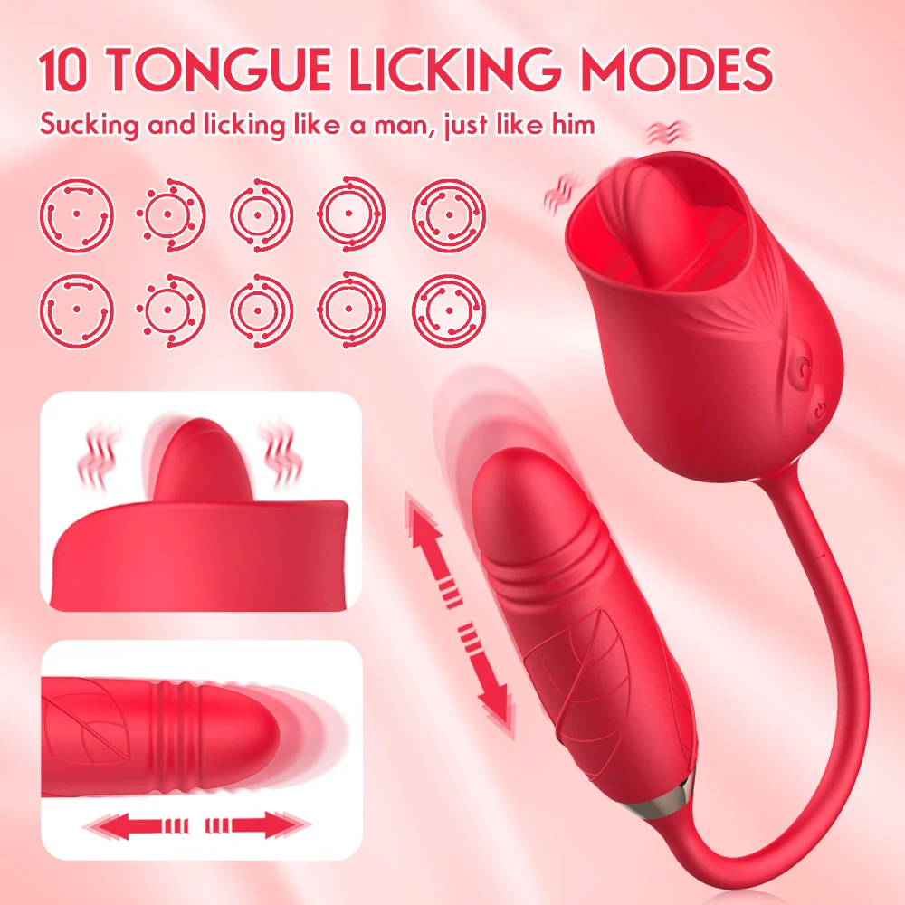 Women Masturbator 2 in 1 Tongue Licking Rose Flower Clitoris Stimulator Thrusting Dildo Vibrator Nipple G Spot Orgasm Massager