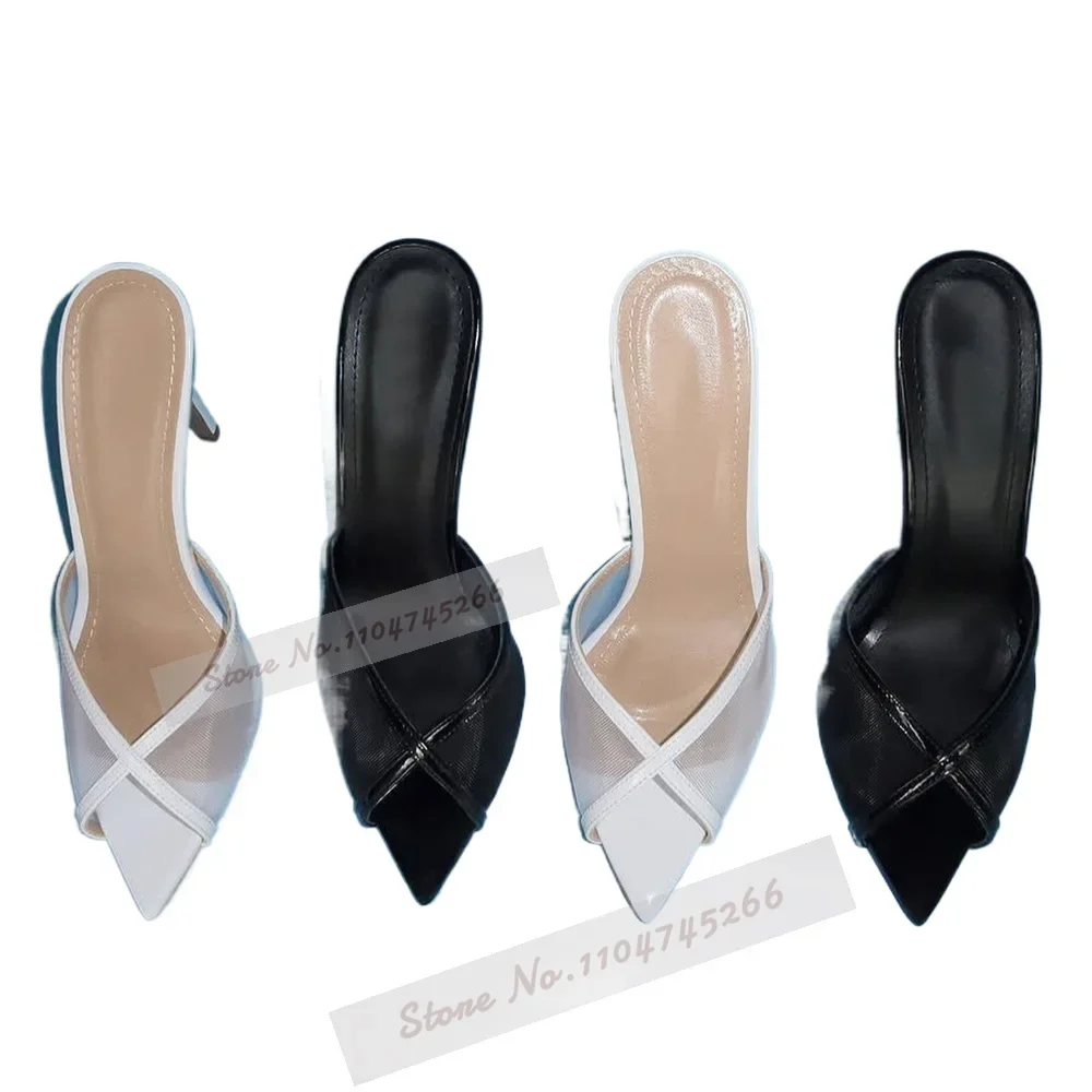 أبيض أسود الهواء شبكة عالية الكعب البغال خنجر الكعوب الانزلاق على النعال الحديثة عبر حزام أشار تو خارج فستان الصنادل