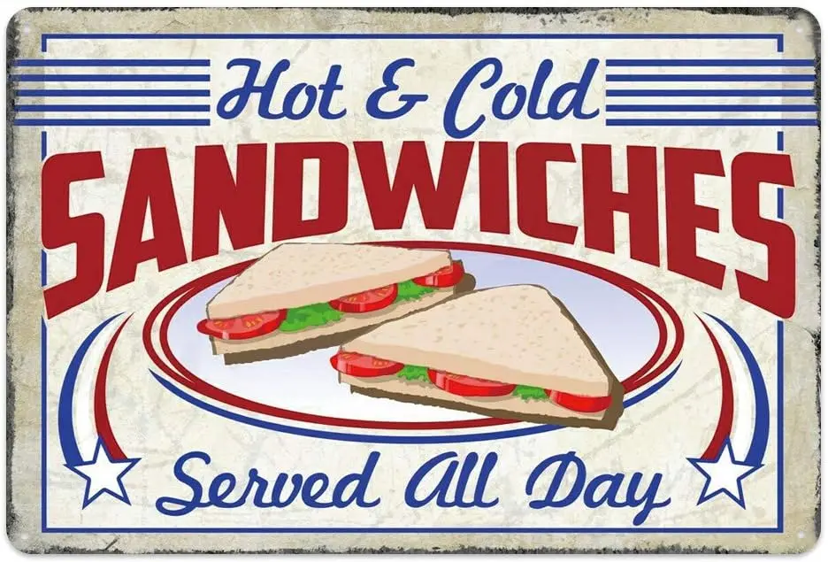 Original Retro Design Hot and Cold Sandwiches Tin Metal Sign Wall Art | Thick Tinplate Print Poster Wall Decoration for Kitchen/