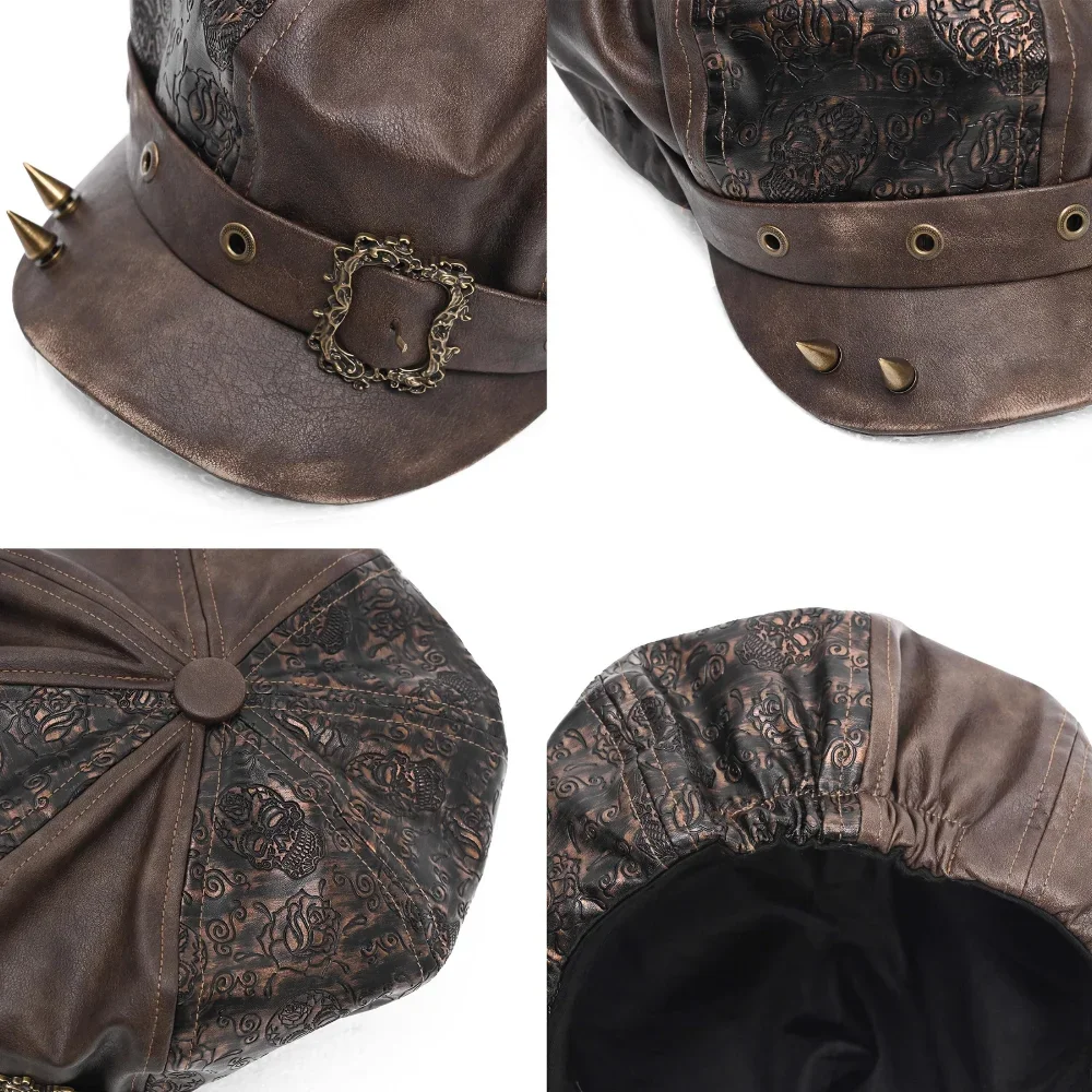 Chapeau militaire en cuir PU Steampunk pour hommes et femmes, CasAdvantages, Casquette de boulanger, Casquettes octogonales à pointe, Chapeau rétro punk, Old Rivet, Y2K