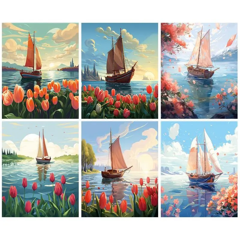 

CHENISTORY Picture By Number Sailboat Landscape Kits For Adults Handpainted DIY Frame Painting By Number Lake Home Decoration