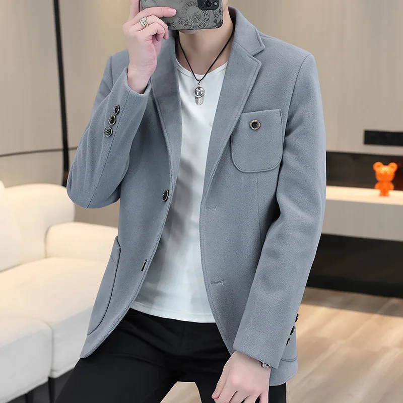 HOO 2023 Autumn Men's Woolen Medium Thick Suit Jacket Youth Double Buckle Fashion Leisure   blazers