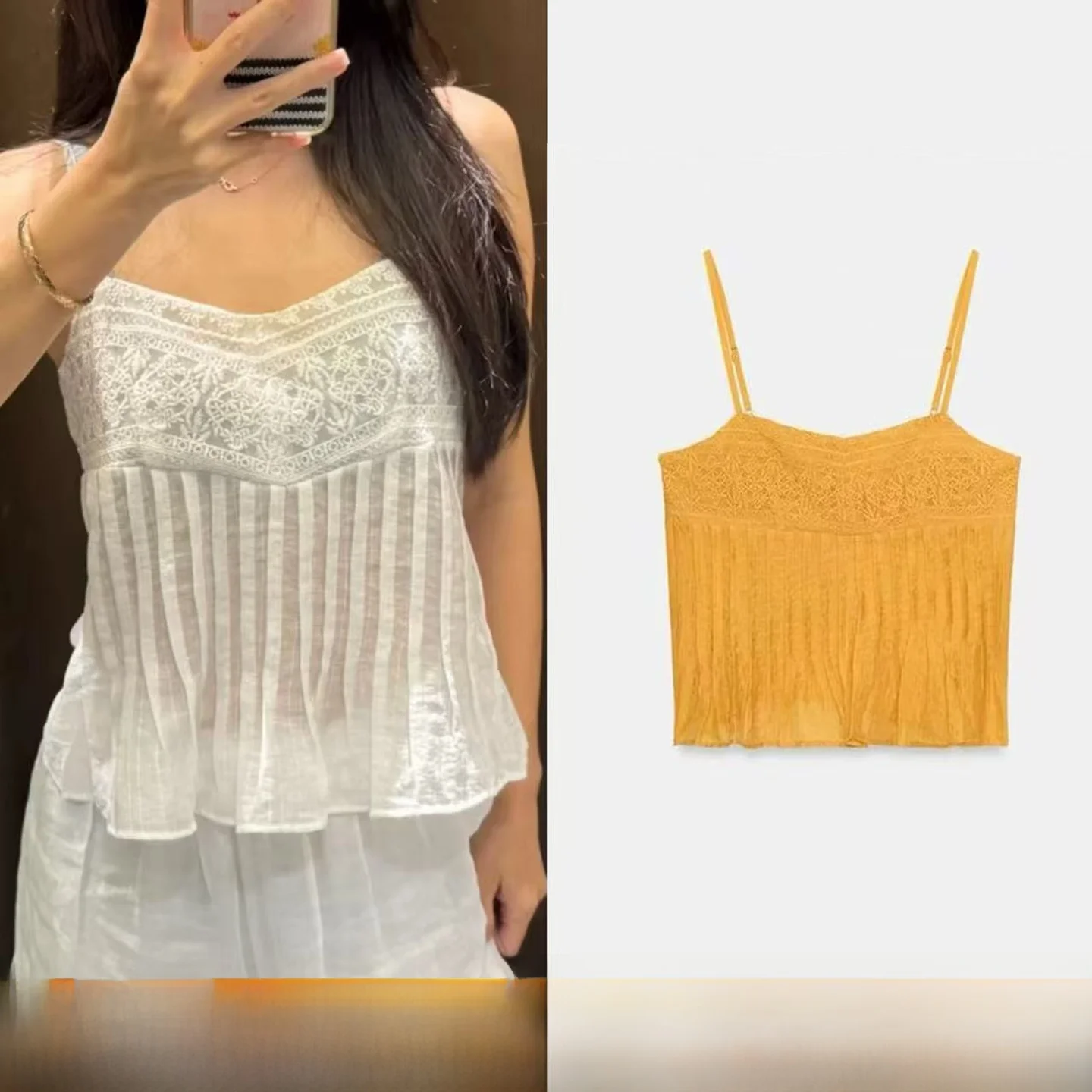 

White Lace Embroidery Strap Vest Summer Fairy Paper Person Thin Strap Top Women's Fashion Short Style Square Collar No Elasti...