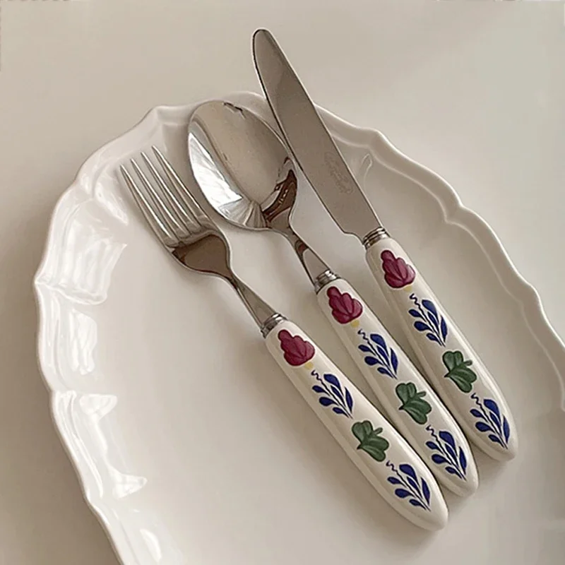 Retro Flower Ceramic Handle Stainless Steel Knife Fork Spoon Dinnerware Dessert Spoon Fork Coffee Spoon Kitchen Tableware