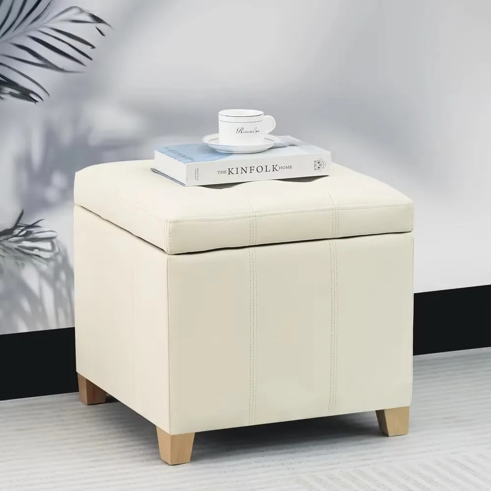 

Square Storage Ottoman Faux Leather Tufted Upholstered Footrest Footstools with Wood Legs