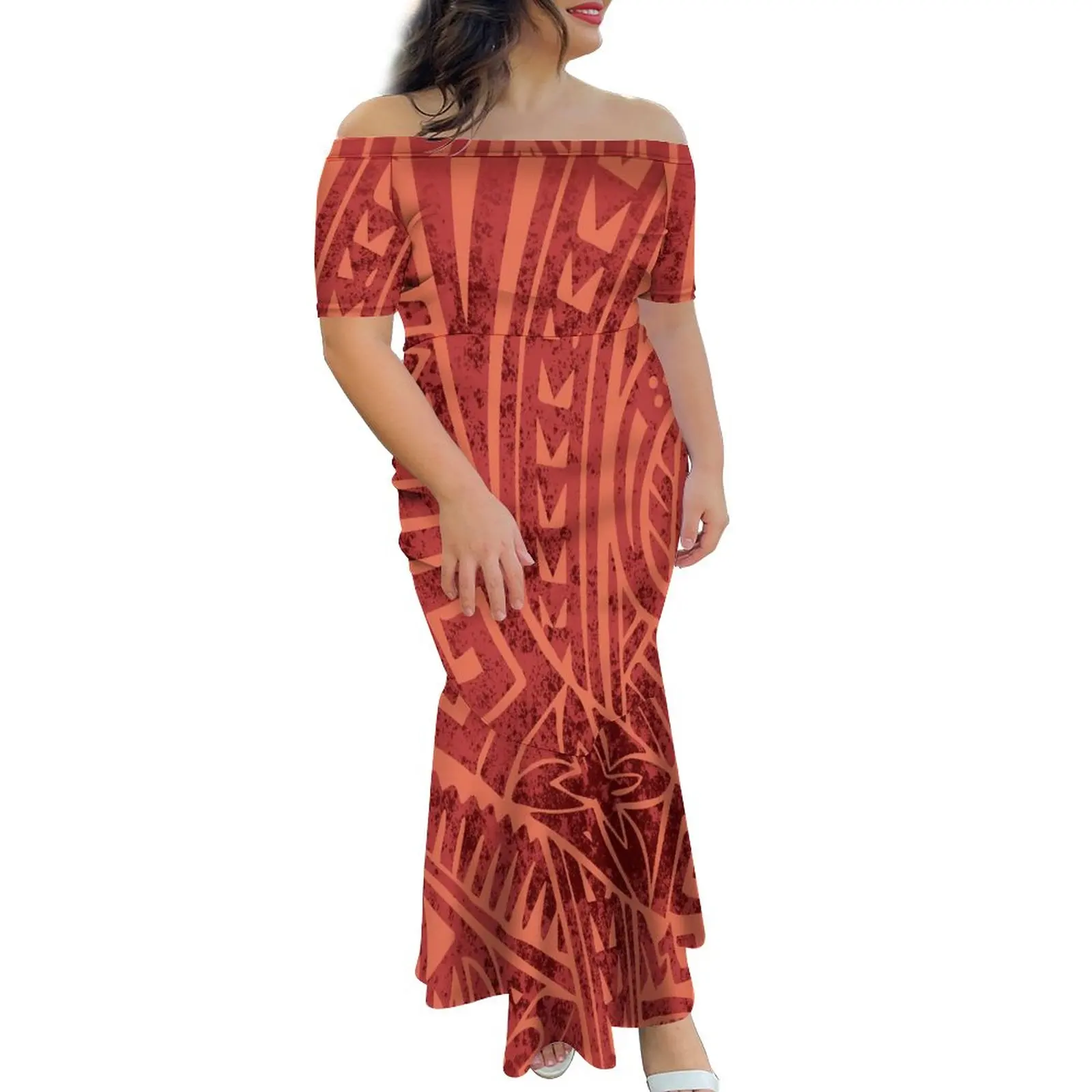New Polynesian Tribal Design Tapa Floral Print Fishtail Mermaid Dresses Women Custom Big People Off Shoulder Evening Dresses