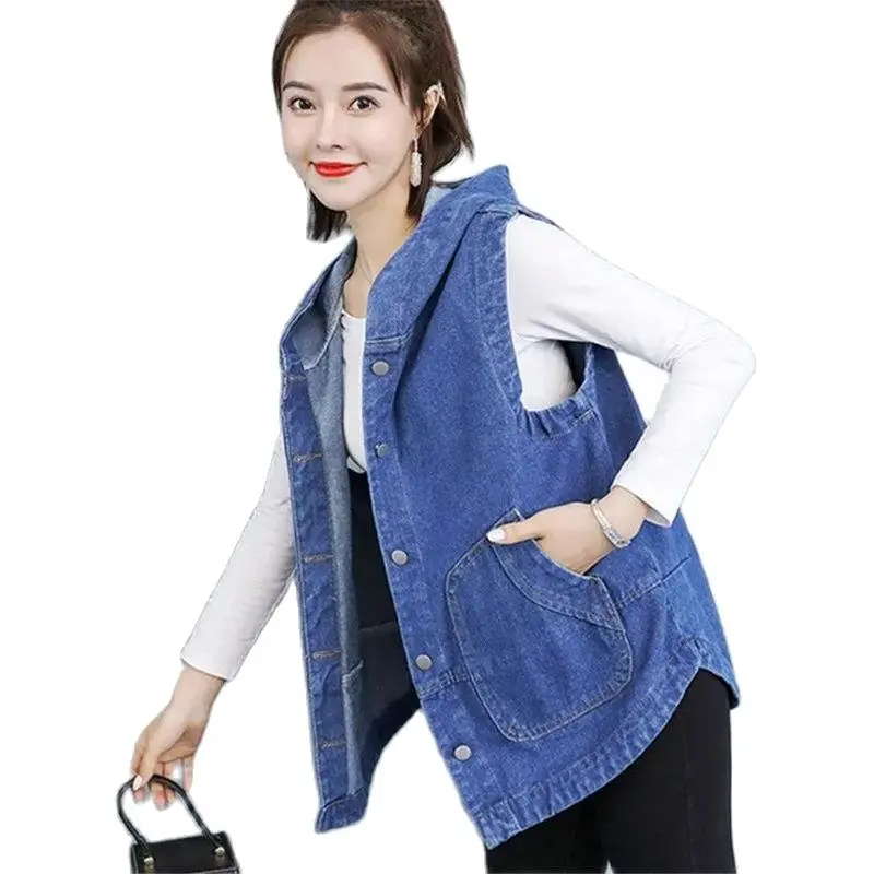 

Nice Denim Women Vest Spring Summer New Fashion Waistcoats Loose Vest Ladies Mid-length Sleeveless cowboy Jacket 4XL