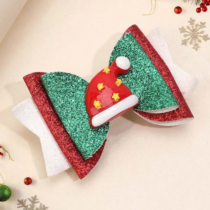 Oaoleer New Christmas Hair Bows Clips For Baby Girls Glitter Santa Hat Snowman Hairpin Barrettes Kids Headdress Hair Accessories