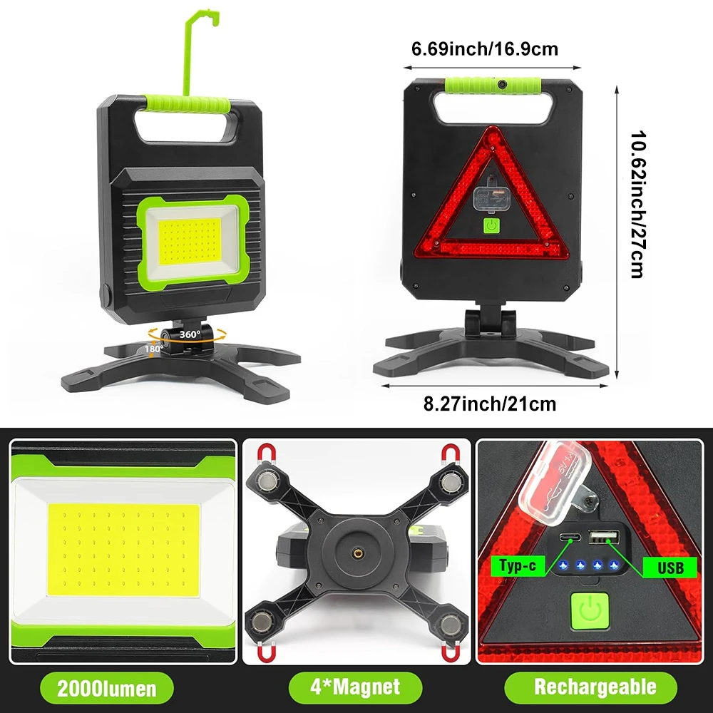 4400mAh Rechargeable Work Light 25W Led Work Light with Magnetic Stand Emergency Warning Triangle Light For Car Repair  Outdoor