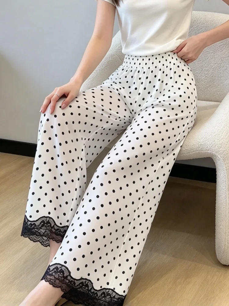 Women Wide Leg Pants Polka Dot Print Elastic High Waist Lace Trim Hem Loose Casual Trousers Daily Vacation Summer Pants