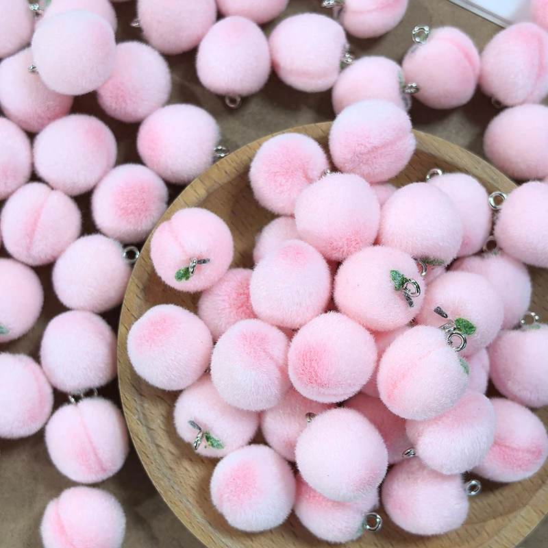 30Pcs Cute 3D Flocked Peach Resin Charms Fluffy Simulation Fruit Keychains Pendants for Earrings DIY Jewelry Making Findgings