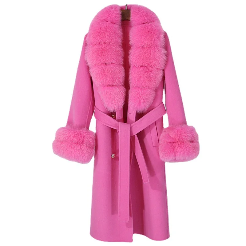 

Новое шерстяное пальто 2025 года с отстегивающимся воротником из меха лисы для женщин, осенне-зимнее, двустороннее, с большим меховым воротником, для Amazon и AliExpress
