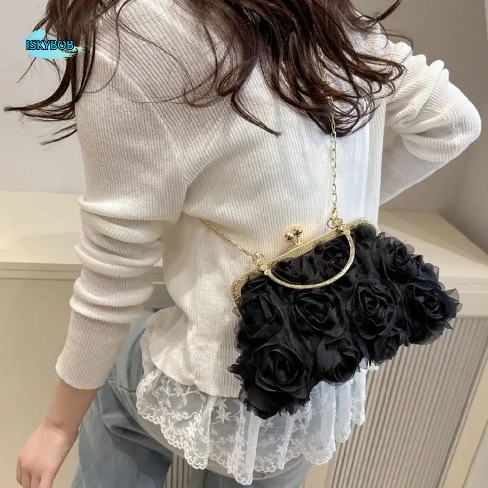 

Retro Chiffon Evening Banquet Bag Chain 3D Kiss Lock Shoulder Bag Large Capacity Flower Crossbody Bag Girl