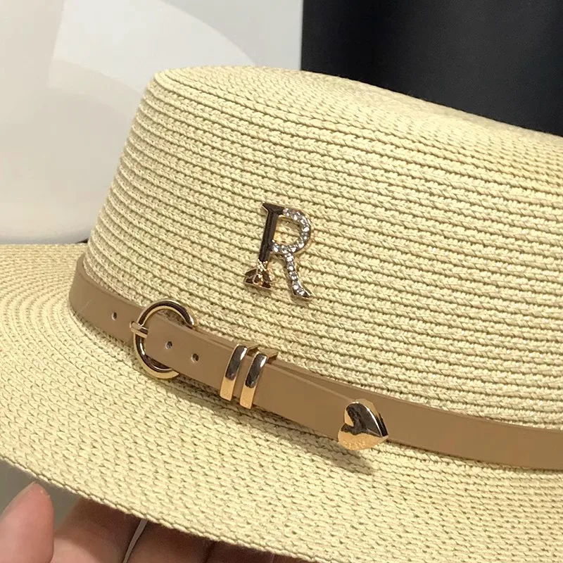 Trendy Metal R Letter Leather Buckle Flat Top Straw Hats for Women\'s Summer Sunshade Bucket Hat Female Fashion Beach Hat