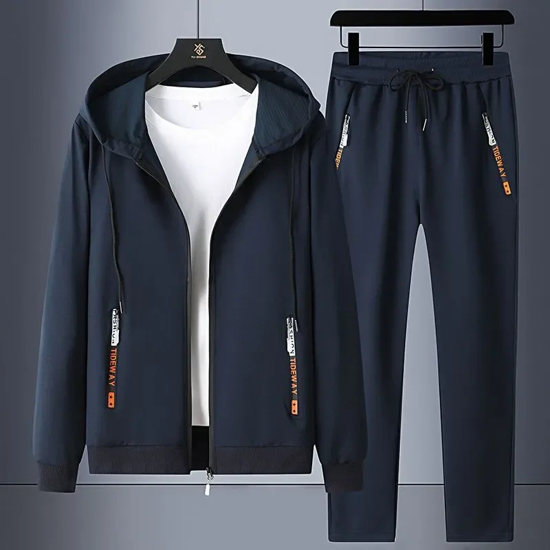 Men's Casual Sports Suit Spring Autumn Zip Up Hooded Jacket Straight Sweatpants Loose Running Outdoor Two Piece Tracksuit