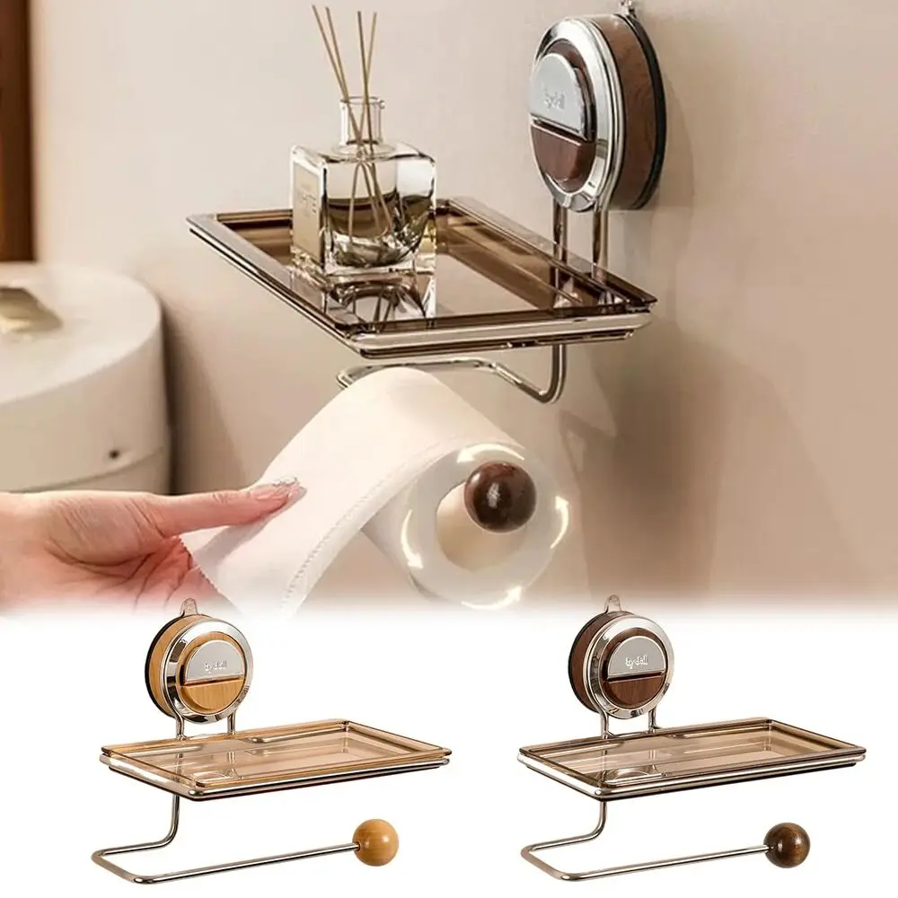 

New Suction Cup Toilet Paper Holder Wall Mounted Walnut Toilet Paper Box Storage Rack