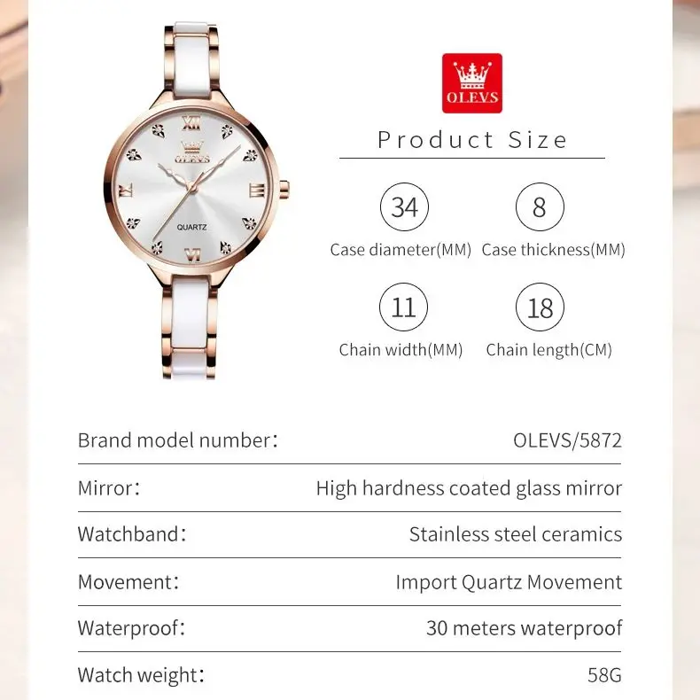 OLEVS 5872 ساعة نسائية ماركة فاخرة ساعة كوارتز مقاوم للماء حزام السيراميك ساعة ماسية موضة أصلية هدية Reloj Mujer الشهيرة