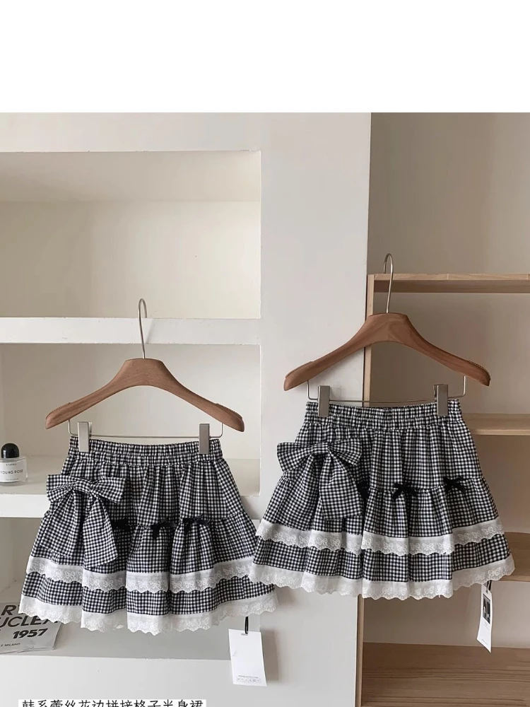 Japonais doux nœud dentelle épissage jupe à carreaux femmes été taille haute plissée couches gâteau gonflé Mini jupes Y2k Faldas