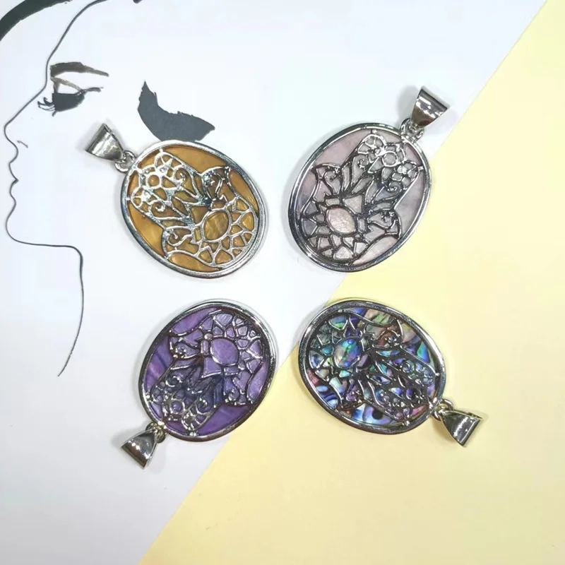 Alloy Inlaid Shell-shaped Buddha Hand Dyed Mother-of-pearl Imitation Abalone Shell Necklace Pendant