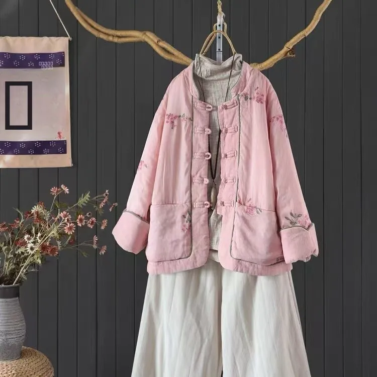 

New Chinese Sle Women's Cotton Jaet with Bules Cold-resistant Linen Cotton Coat Long Sve Stand Collar Double-sided P...