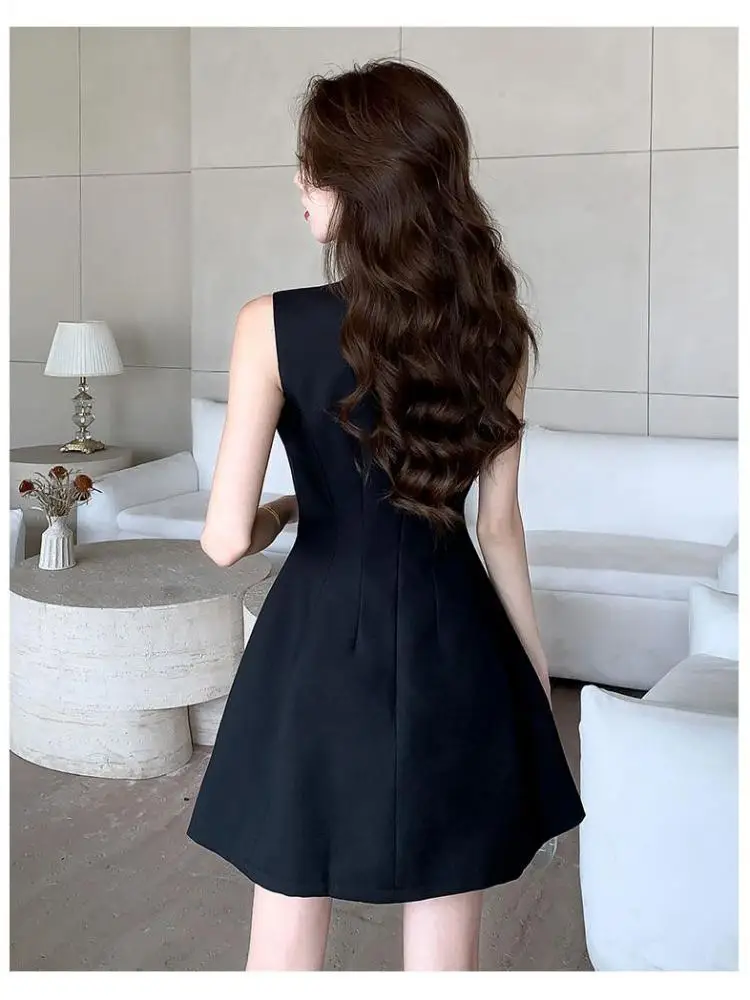 Verano negro cuello redondo ajustado sin mangas temperamento corto chaleco vestido mujeres gris elegante Sexy Oficina cremallera Mini vestido simplicidad