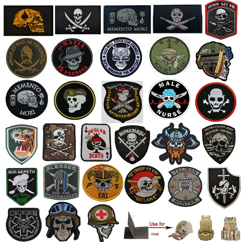 Skull Badges PVC Rubber Reflective IR Infrared Patches Embroidered HOOK Glow In Dark Patch for Caps Backpacks Jackets Clothing