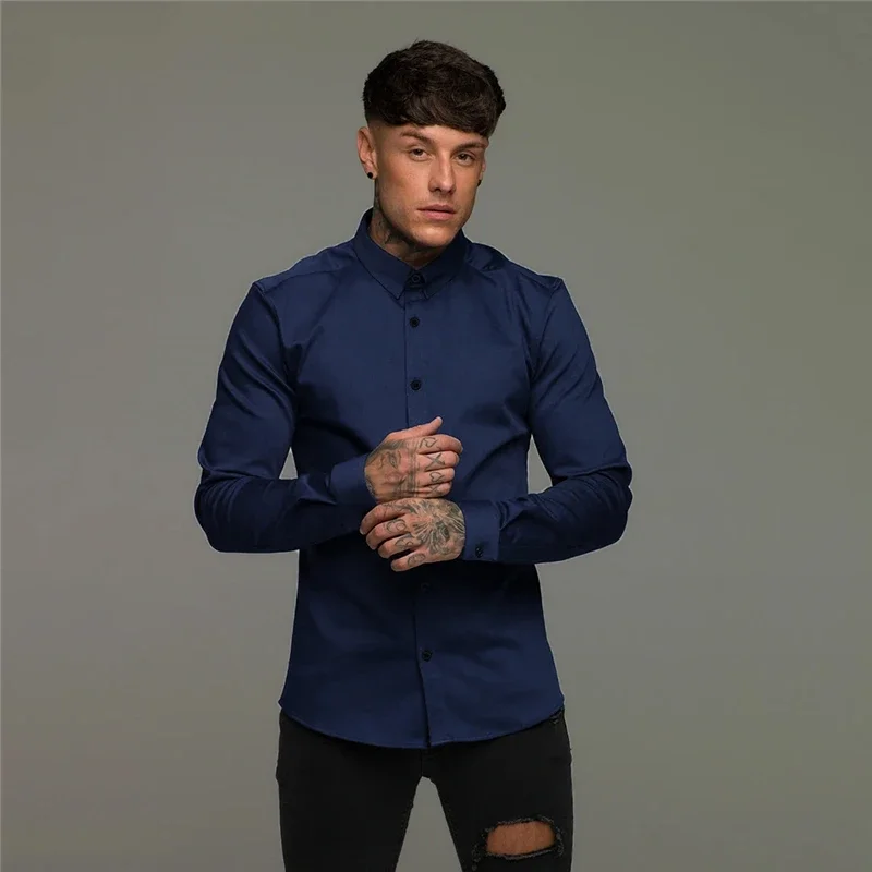 Men\'s Fashion Long Sleeve Plain Casual Shirt Super Slim Fit Male Social Business Dress Shirts Brand For Men Soft Comfortable