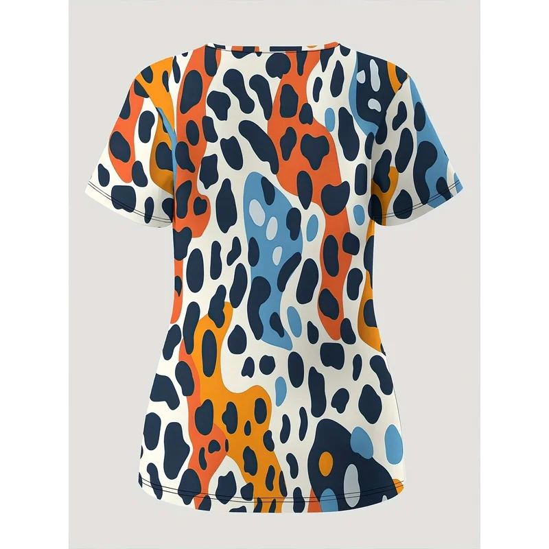 Plus Size Women Leopard Print V Collar Short Sleeve Top, Machine Washable Medical Uniform With Pockets For Care Workers