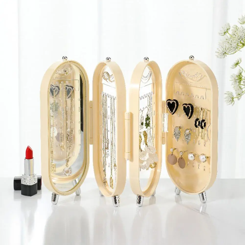 Jewelry Display Organizer Jewelry Display Holder with Mirror Multi-layer Foldable Screen Organizer Dustproof Desktop Earrings
