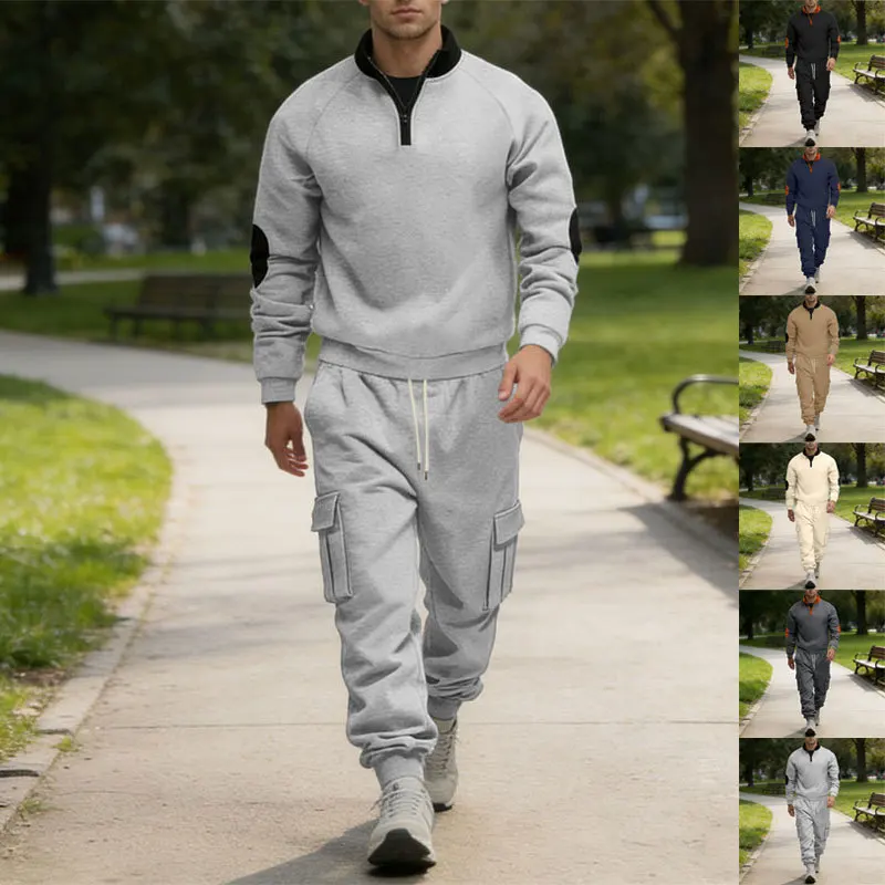 

Мужской флисовый комплект для весны и осени: толстовка с воротником-стойкой из плотного флиса и спортивные брюки карго, комплект для активного отдыха и спорта