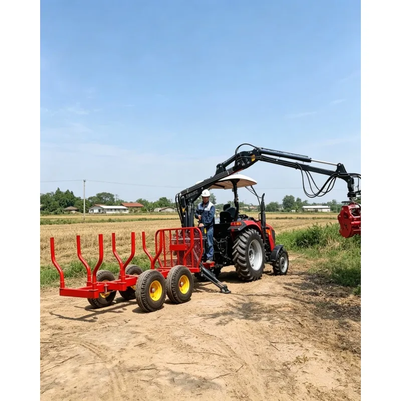 Self-Loading Log Trailer with Crane Grapple | Hydraulic Winch Timber Transport Trailer | High Efficiency Forestry Wood Handling