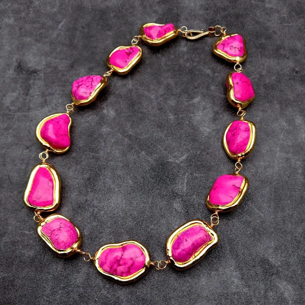 YYGEM 24x30mm Pink Color Turquoise Freeform Beads Gold Plated Choker Necklace Chunky Necklaces Nice Gift view 2